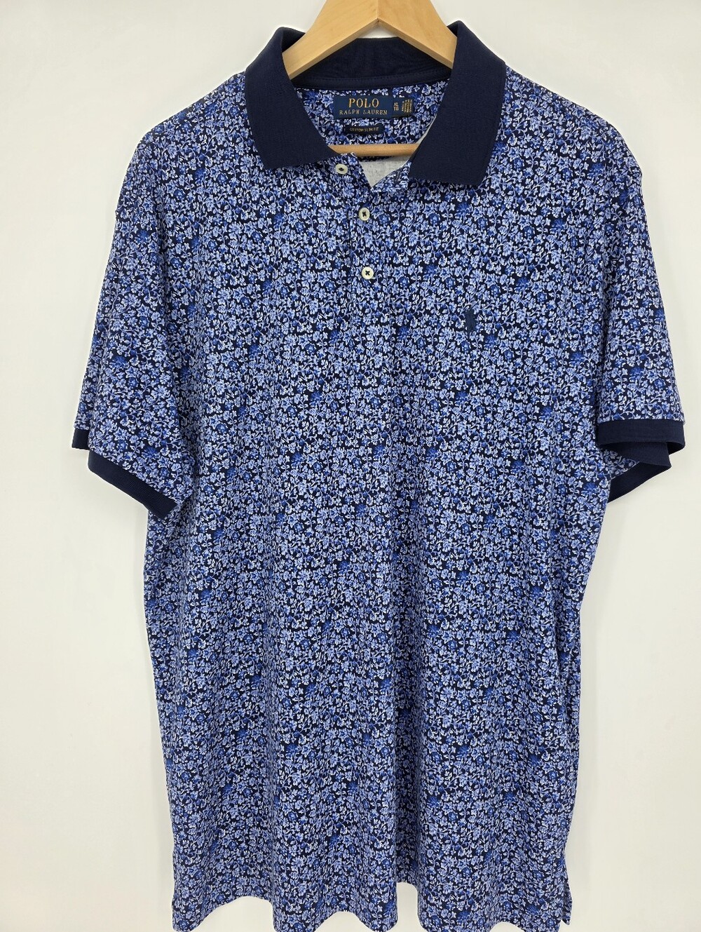 Polo Ralph Lauren Custom Slim Fit Polo Shirt XL Blue Floral Print Cotton